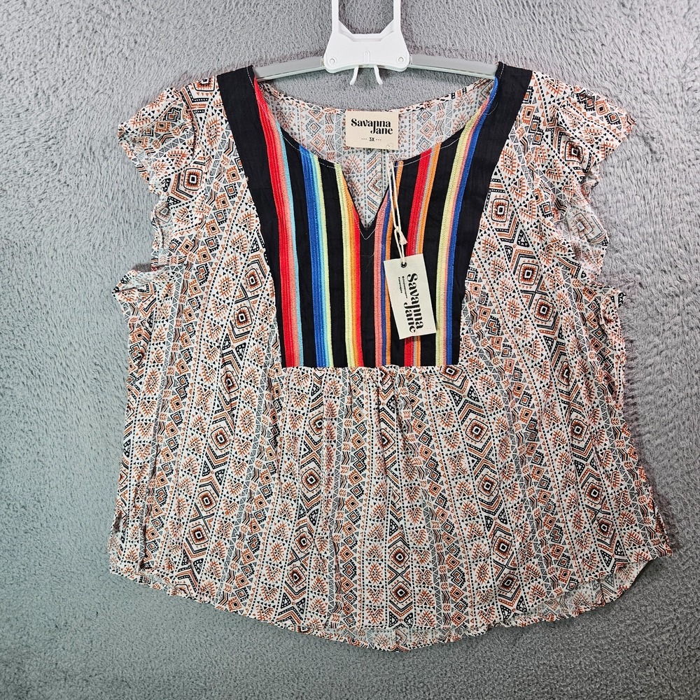 NEW‎ Savanna Jane Top Women 3X Cap Sleeve Geometric Embroidered Boho NEW